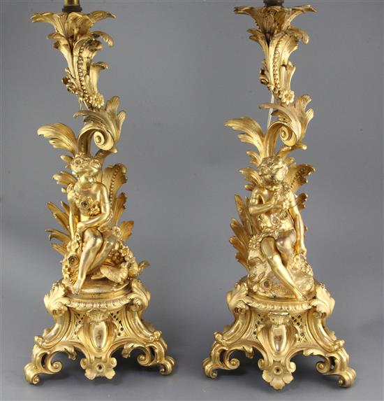 A pair of 19th century French ormolu lamp bases, 22.5in.
